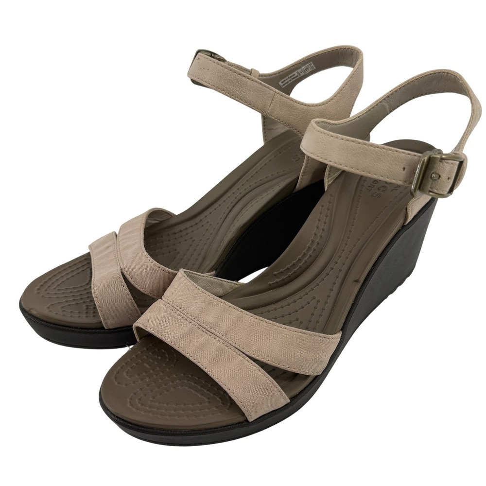 Crocs Leigh II Ankle Strap Wedge Sandal Beige Espresso Brown Women 9 Y2K Comfy
